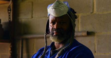 Worker standing with arms crossed in foundry workshop. Worker looking at camera 4kの写真素材