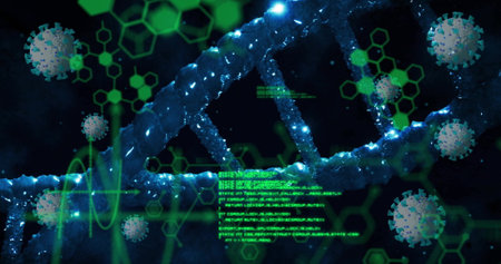 Image of viruses, elements and data processing over dna on black background. Connection, science, medical research, healthcare, digital interface and communication, digitally generated image.の写真素材