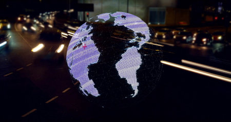 Globe with red circle highlighting North America, image over busy city street at night. Globalization, connectivity, technology, digital, urban, metropolisの写真素材