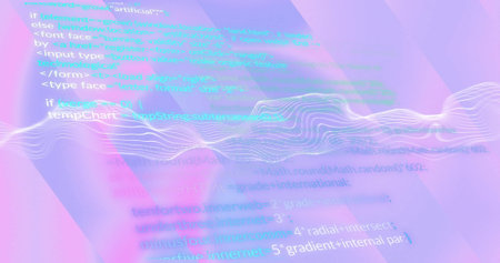 Programming code and data wave image over abstract purple background. Technology, coding, digital, futuristic, cyberspace, visualizationの写真素材