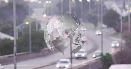 Globe image over busy highway with cars and streetlights. Globalization, traffic, technology, urban, transportation, cityの写真素材