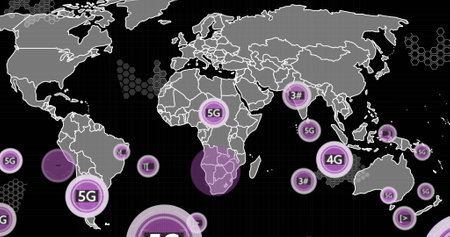 Image of 5g text, digital data processing and world map over black background. Global connections,...