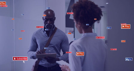 Image of text and data processing over diverse business people in office. Global social media,...