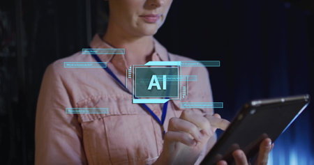 Image of ai text, scanner and dialogue boxes over caucasian female technician in server room....