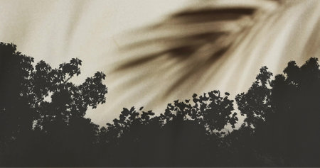 Image of palm tree leaf over trees on beige background. Nature, plants and harmony, digitally generated image.の写真素材
