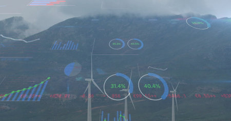 Wind turbines and financial data image over mountainous landscape. Sustainability, renewable, wind...