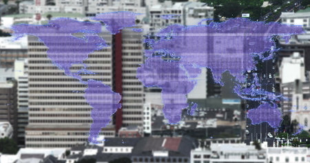 World map image over cityscape with buildings and trees. Global, urban, environment, skyline,...