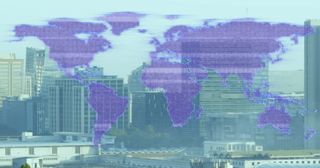 World map image over cityscape with modern buildings. Global, technology, skyline, urban, digital, innovationの写真素材