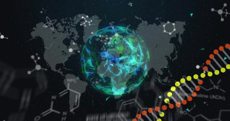 Image of dna and scientific data processing over globe and world map on black. Connection, science, research, network, digital interface and global communication, digitally generated image.の写真素材