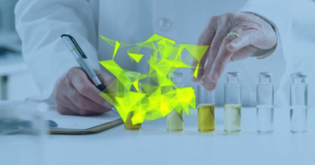 Image of glowing light trails over caucasian male scientist in laboratory. Global science,...