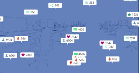 Image of social media icons with numbers over desks with computers on blue background. Global...