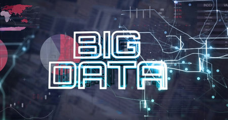 Image of big data text over financial data processing. Global finance, business, connections, cloud computing and data processing concept digitally generated image.の写真素材