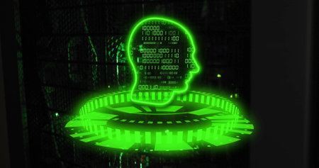 Image of glowing green circular scanner and head with binary data processing and server room. Connection, data, processing, ai, digital interface and communication, digitally generated image.の写真素材