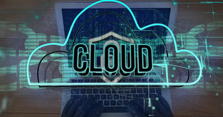 Image of cloud text over chain and laptop with data processing. Global finance, business,...