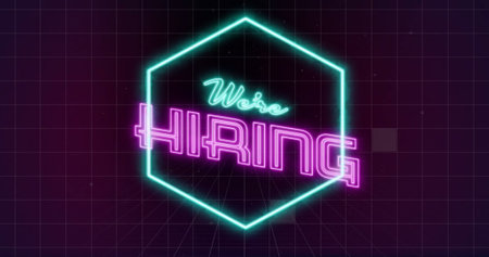Image of we&#39;re hiring neon text over neon pattern on dark background. Global retail, online shopping, digital interface, communication and data processing concept digitally generated image.の写真素材
