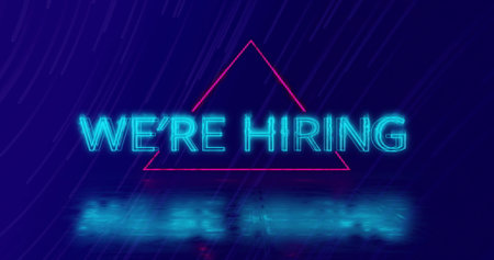 Image of we&#39;re hiring neon text over neon pattern on dark background. Global retail, online shopping, digital interface, communication and data processing concept digitally generated image.の写真素材