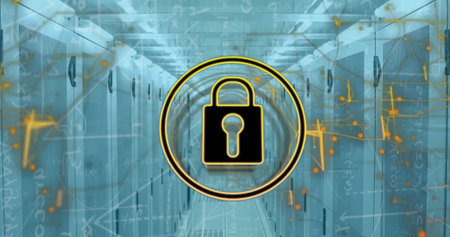 Image of padlock icon network and mathematical data processing over server room. Security, network,...