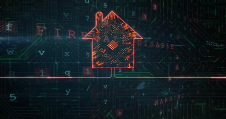 Image of intelligent home and data processing over virus warning text. Global artificial intelligence, connections, cloud computing and data processing concept digitally generated image.の写真素材
