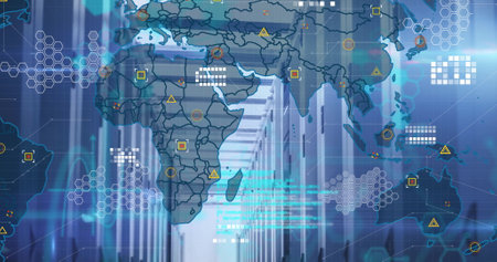 Image of data processing over world map and server room. Connection, data, processing, digital interface and global communication, digitally generated image.の写真素材