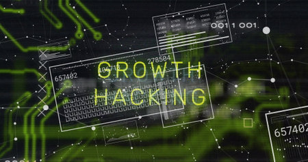 Image of growth hacking text and data processing over network of connections on black background. Global technology, online security and digital interface concept digitally generated image.の写真素材