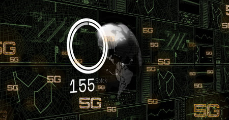 Image of 5g text, digital data processing and globe over black background. Global connections,...