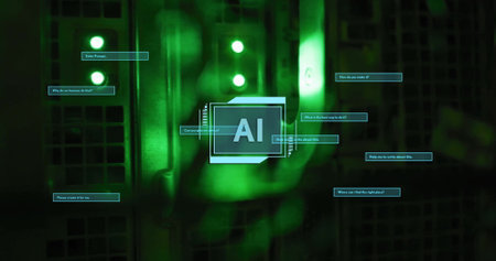 Image of ai text and scanner processing with dialogue boxes over server room. Connection, data,...