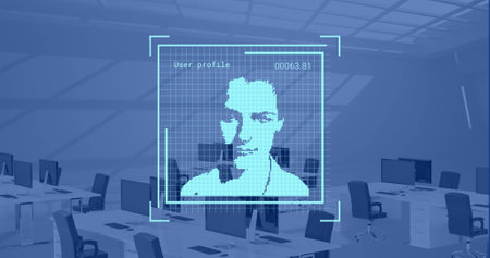 Image of data processing with portraits over desks with computers on blue background. Global busienss, social media, office and digital interface concept digitally generated image.の写真素材
