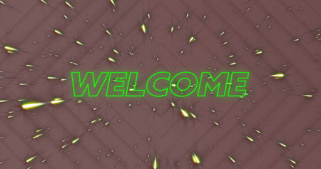 Image of welcome neon text over light trails on dark background. Global social media, online shopping, digital interface, communication and data processing concept digitally generated image.の写真素材