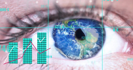 Image of data processing over close up of woman's eye. Global online identity, business, connections, computing and data processing concept digitally generated image.の写真素材