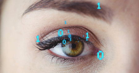 Image of binary coding data processing over close up of woman's eye. Global online identity,...