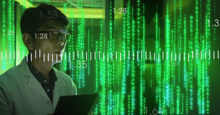 Image of digital data processing over asian man using tablet by computer servers. Global...