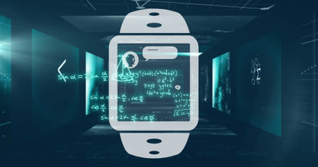 Image of smartwatch with ai text and mathematical data processing. Global artificial intelligence,...