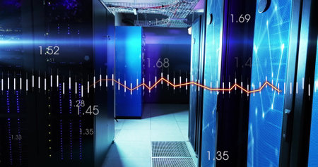 Image of digital data processing over computer servers. Global connections, computing and data...