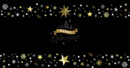 Image of christmas greetings text and decorations on black background. Christmas, festivity,...