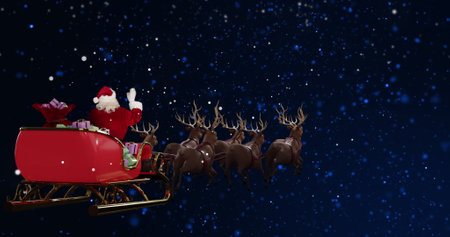 Image of snow falling over christmas santa claus in sleigh with reindeer. Christmas, festivity, celebration and tradition concept digitally generated image.の写真素材