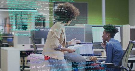 Image of data processing over diverse female colleagues discussing work in office. Business, technology and digital interface concept digitally generated image.の写真素材