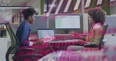 Image of data processing and diagrams over diverse female colleagues discussing work in office....
