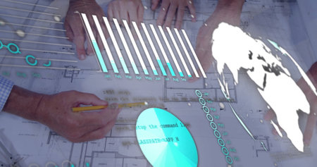 Image of financial data processing over hands of diverse colleagues taking notes on blueprint....