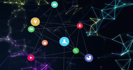 Image of network of connections with icons on black background. Global technology, connections and digital interface concept digitally generated image.の写真素材