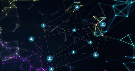 Image of network of connections with icons on black background. Global technology, connections and...