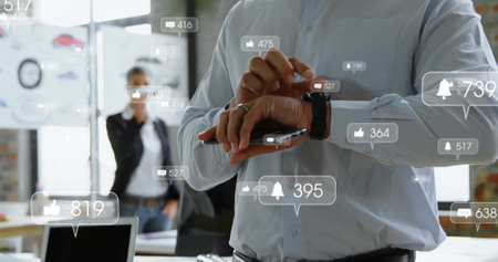 Image of social media icons with numbers over caucasian businessman using smartwatch. Global...