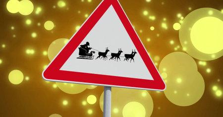 Image of santa in sleigh on road sign over yellow spots. Christmas, celebration and digital interface concept digitally generated image.の写真素材