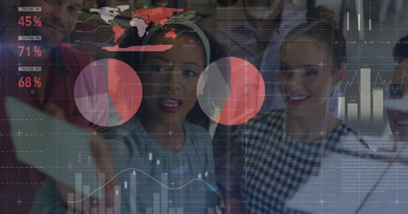 Image of data processing and diagrams over diverse colleagues talking in office. Business, technology and digital interface concept digitally generated image.の写真素材