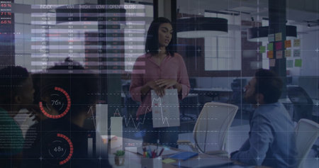 Image of data processing and diagrams over diverse colleagues talking in office. Business,...