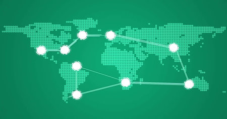 Image of network of connections over world map on green background. Global technology, connections...