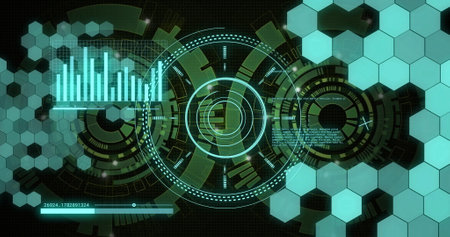 Futuristic data visualization and analysis image with graphs and hexagonal shapes. Technology,...