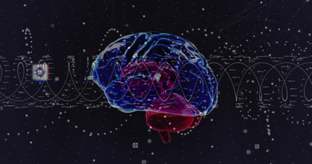 Image of digital data processing, human brain over dna strand spinning. Global science, connections,...