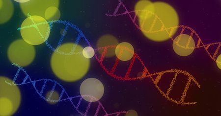 Image of dna strands over moving spots. Technology, science and digital interface concept digitally...