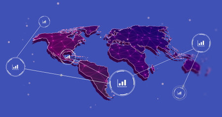 World map with data charts and network connections, image over blue background. Global, technology, statistics, analytics, communication, digitalの写真素材