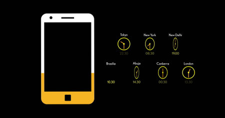 Image of, Smartphone with world clocks showing different time zones over black background....